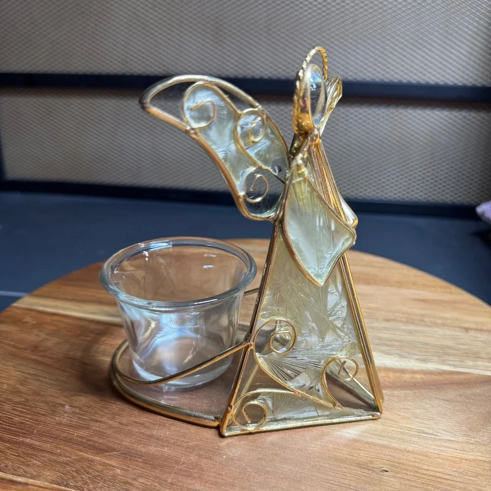Vintage Gold Tone Wire Angel Votive Candle Holder Iridescent Glass 5.25 Inch